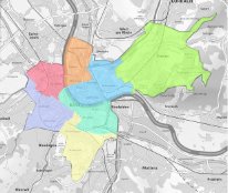 Symbolbild, Screenshot der baselstädtischen MapsBS-Karte mit den farbig gekennzeichneten Quartieren nach Ansprechpartner der Kantonspolizei